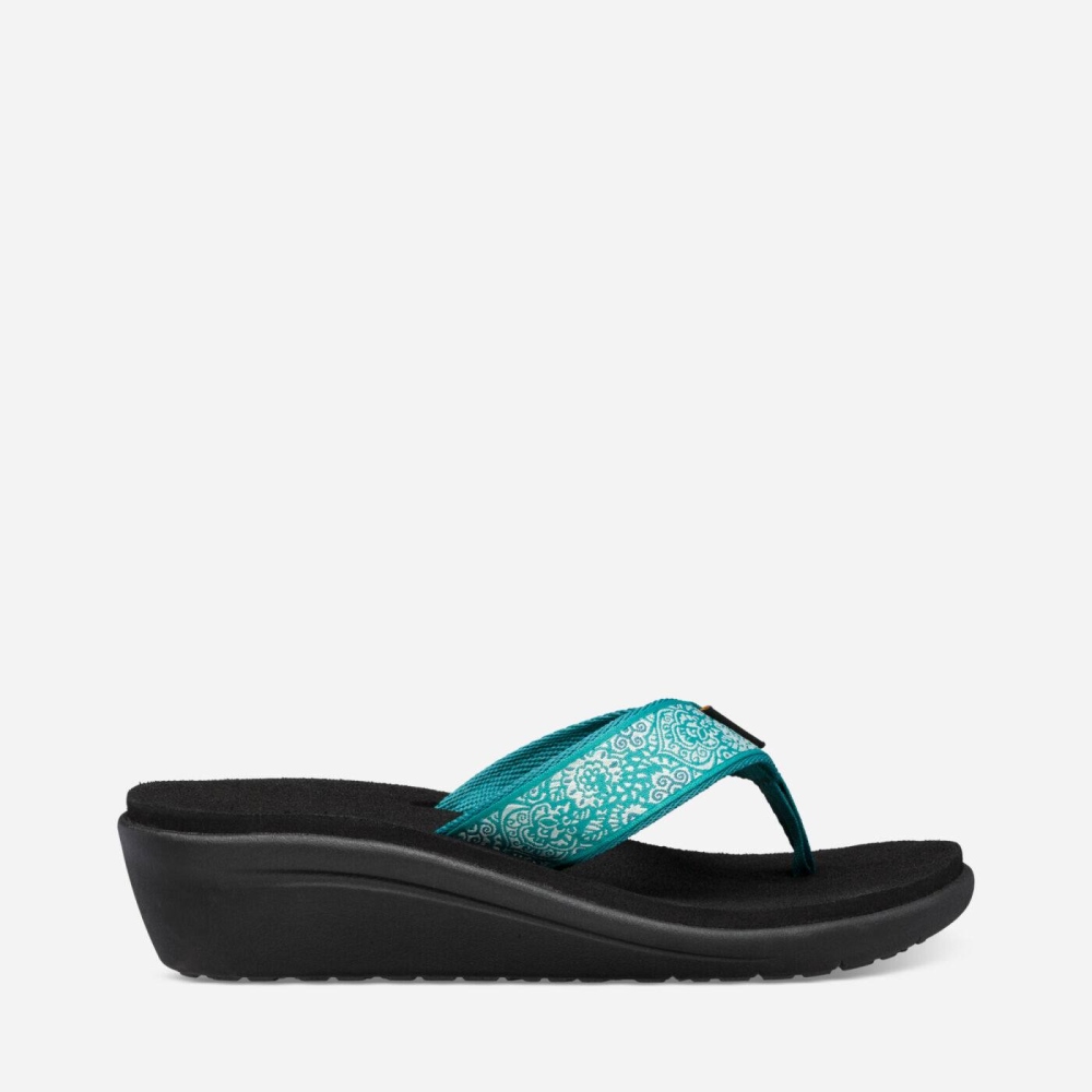 Teva Voya Wedge - Women's Teva Wedge Sandals - Turquoise Blue / Deep Balck | India (MUDP18945)